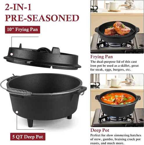 Miniatura 2 de Leonyo Horno holandés de campamento de 5 cuartos con tapa, horno holandés de hierro fundido pre-sazonado con levantador de tapa para cocinar