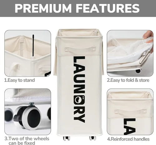 Miniatura 4 de Goodpick - Cesta de lavandería con ruedas, 75L, esenciales para dormitorio de universidad, cesta de ropa con bolsa de lavado extraíble para blanco