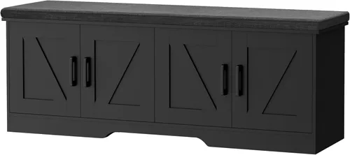 Miniatura 15 de HOMSHO Banca de almacenamiento de 2 niveles, banca para zapatos de 70 cm de ancho con cojín de asiento acolchado, banca de entrada con 2 puertas