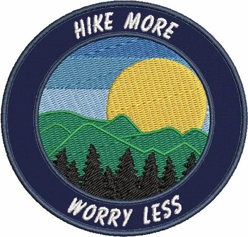 Hike More Worry Less Sun Mountains Forest Trees Bordado Parche de detalle premium para planchar o coser, para amantes de la naturaleza, decoración