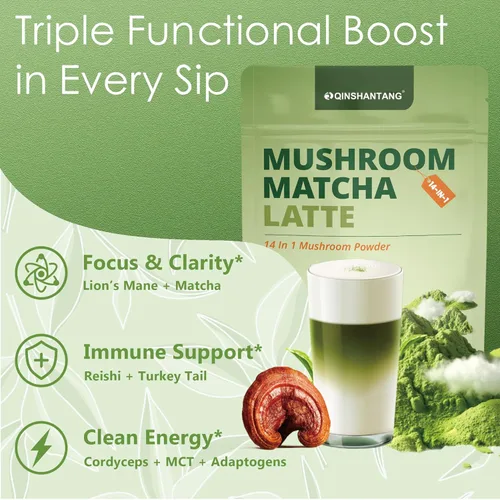 Miniatura 6 de Mushroom Matcha Latte, té verde matcha ceremonial en polvo con 14 hongos, probióticos y polvo MCT, melena de león, reishi y chaga Mezcla
