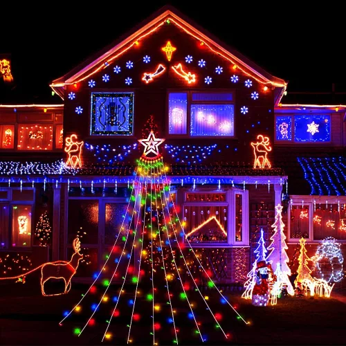 Miniatura 6 de Aokudoni Decoraciones de Navidad al Aire Libre: 3.84m 350LED Luces de Cascada con 8 Modos de Iluminación, Luces de Navidad para Árbol, Casa, Patio