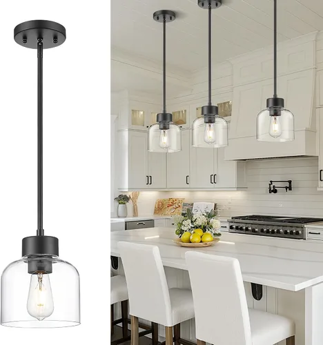Luces Colgantes Negras para Isla de Cocina, Accesorios de Luces Colgantes de 7" con Pantalla de Vidrio Transparente, Iluminación Colgante Moderna de