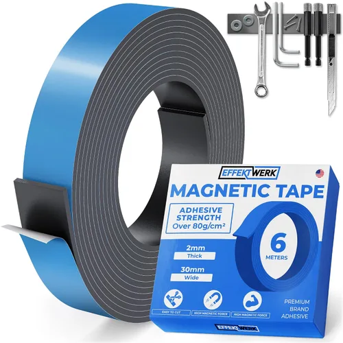 Miniatura 8 de E•Werk - Rollo de cinta magnética - 3.3 pies / 3.3 ft - Tiras magnéticas extra gruesas y anchas con respaldo autoadhesivo fuerte - Fácil de cortar