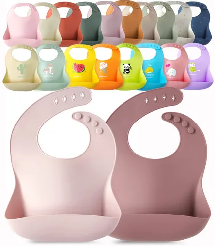 Miniatura 11 de Paquete de 2 baberos de silicona impermeables para bebé, ligeros, cómodos, fáciles de limpiar (rosa claro/morado, pequeño)
