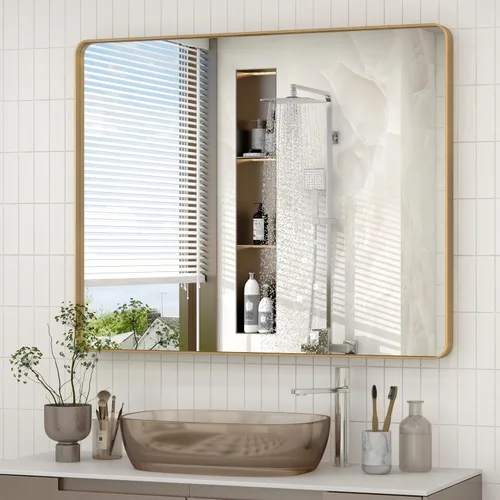 Miniatura 123 de Paquete de 2 espejos de baño con marco de metal negro de 22 x 30 pulgadas, espejo rectangular redondeado negro mate, antioxidante, se cuelga