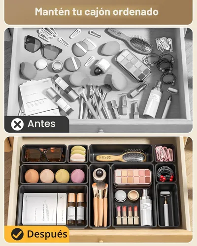 Miniatura 3 de KEMETHY Juego de 25 organizadores de cajones de plástico, 4 tamaños, organizador de tocador, bandejas organizadoras de cajones de maquillaje y Negro