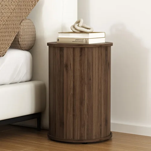Miniatura 7 de Mesa auxiliar redonda acanalada para sala de estar, moderna mesa auxiliar de madera para sofás y espacios pequeños, mesa de noche de 21.9 pulgadas