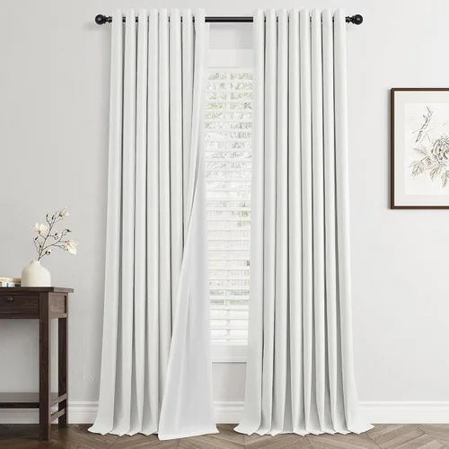 Miniatura 16 de Cream Linen Blackout Curtains 90 Length 2 Panels Set for Living Room Bedroom, 100% Black Out Thermal Insulated Linen Drapes, Room Darkening Grommet