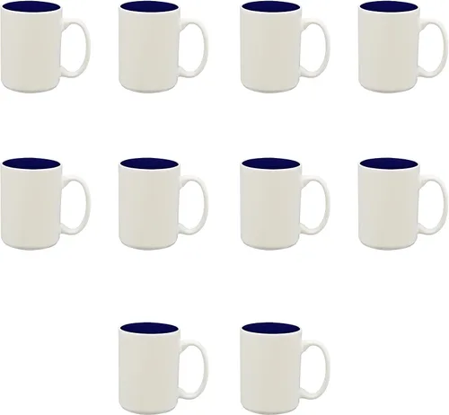 DISCOUNT PROMOS Juego de 10 tazas de cerámica brillantes de dos tonos, 15 oz. - Gres, suave, duradero, mango en C, color azul