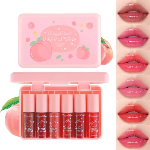 Eakroo Juego de 6 colores de tinte de labios melocotón, brillo de labios coreano, mini tinte de labios líquido, lápiz labial para mujeres, rubor