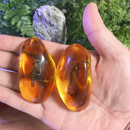 Miniatura 2 de 8 piezas de fósiles ámbar con insectos, muestras de piedras de cristal para decoración del hogar, colecciones, colgantes ovalados, colgante