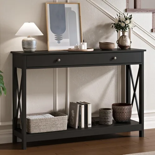 Miniatura 12 de Mesa de consola Treocho Espresso con cajón y estantes de almacenamiento, mesa de sofá estrecha para entrada, sala de estar, pasillo