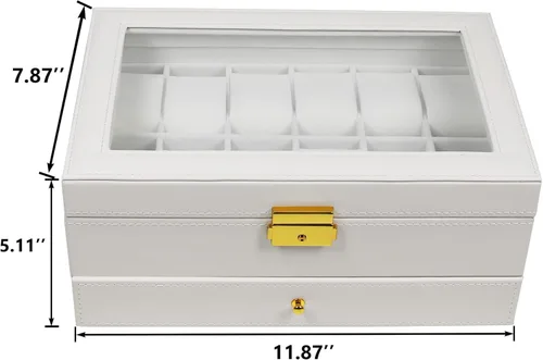 Miniatura 6 de Ogrmar Cajas de almacenamiento de reloj de piel sintética con cerradura de 12 ranuras, para hombres y mujeres, estuche organizador de 2 niveles