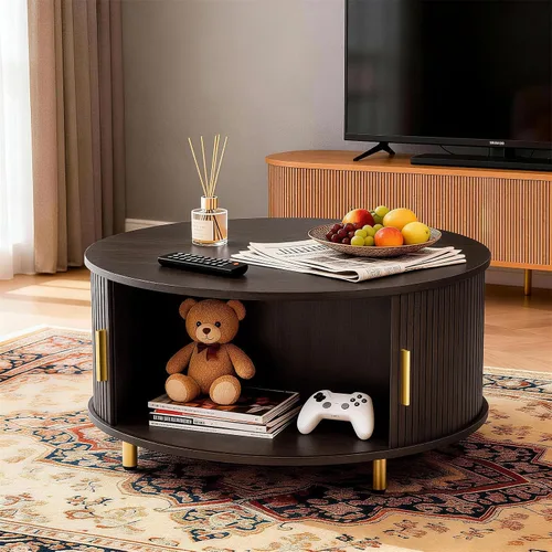 Miniatura 4 de DHH Mesa auxiliar redonda, mesa de centro moderna de mediados de siglo de 31.5 pulgadas con puerta corrediza de 360°, mesa de centro acanalada