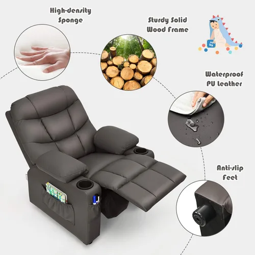 Miniatura 8 de GLACER Silla reclinable para niños con portavasos y bolsillos laterales, reclinable para niños con respaldo cómodo, reposabrazos y reposapiés, Marrón