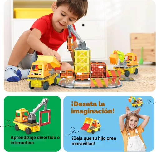 Miniatura 5 de PicassoTiles Azulejos Magnéticos de Construcción Temáticos Bloques de Construcción 5-en-1 Grúa, Escalera, Camión Volquete, Excavadora