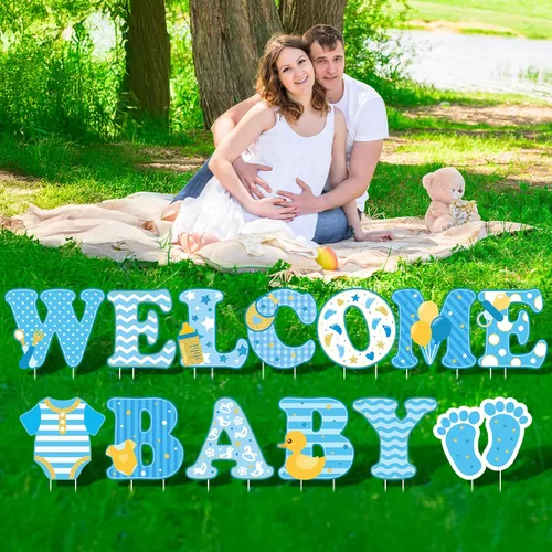 Miniatura 4 de 13 piezas de señalización de patio para fiesta de bebé "bienvenida bebé" con estacas, señal de césped de niña o niño de 15 pulgadas de altura, Azul