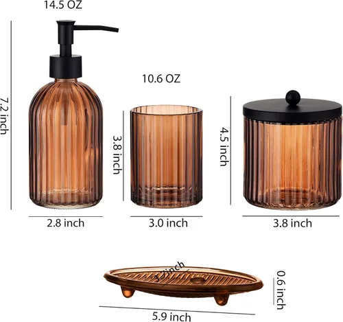 Miniatura 2 de Juego de 4 accesorios de baño de vidrio pesado con patrón decorativo prensado, incluye dispensador de jabón de mano, vaso, jabonera y soporte