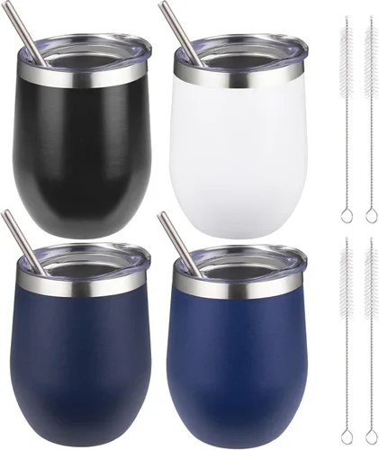 Miniatura 30 de Vaso de vino aislado de 12 onzas con tapa y pajita, vaso de vino de acero inoxidable sin tallo de doble pared, vaso de vino al vacío a granel