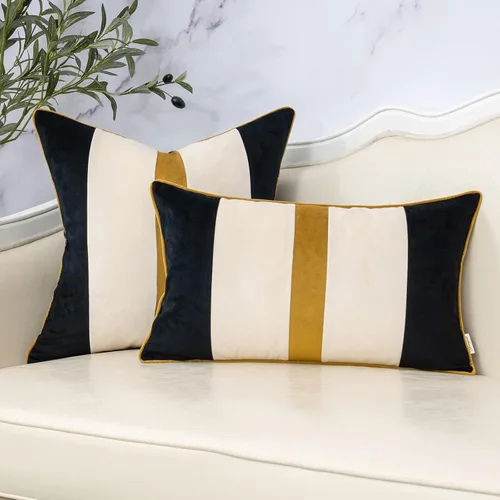 Miniatura 5 de Yangest - Funda de cojín lumbar de terciopelo a rayas, funda de cojín de retazos negros, funda de cojín moderna neutra oblonga para sofá, sillón