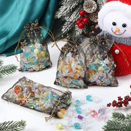 Miniatura 6 de Roowest 100 bolsas de regalo de organza con copos de nieve de 4 x 6 pulgadas, pequeñas bolsas de malla para joyas, mini cordón para dulces, bolsas