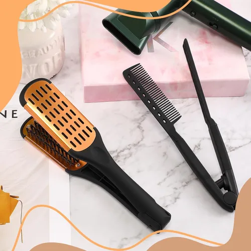 Miniatura 4 de CHENGU 2 piezas de peines para alisar el cabello, pinza de cerdas de jabalí de doble cara y cepillo en forma de V para peinar el cabello, para Negro