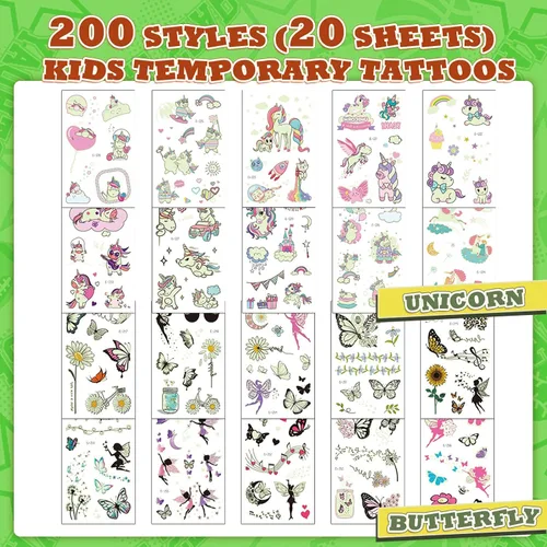 Miniatura 2 de 200 tatuajes de mariposa luminosos para niños, con temática de unicornio y mariposa, tatuajes temporales para niños, tatuajes temporales que brillan
