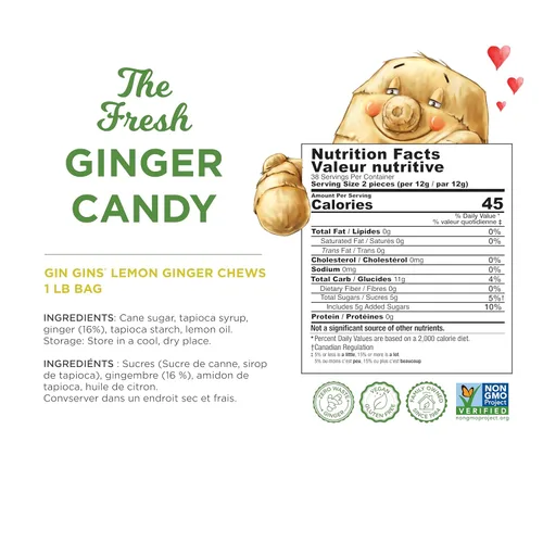 Miniatura 2 de GIN GINS - Caramelos masticables de jengibre y limón – Caramelo de jengibre fresco natural de The Ginger People – Caramelo saludable envuelto