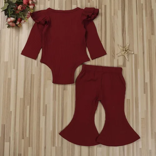 Miniatura 3 de Ropa para bebé y niña, acanalado, con volantes, manga larga, mameluco, pantalones acampanados, color sólido, otoño, invierno, trajes de 2 piezas