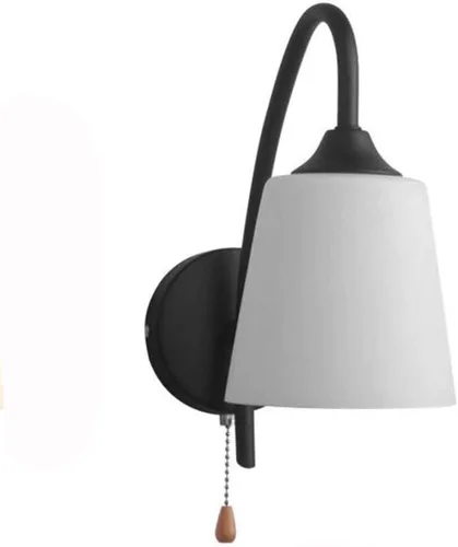 Miniatura 6 de Lámpara de pared con cadena de tracción E27, estilo retro, para dormitorio, mesita de noche, apliques de pared de metal y vidrio esmerilado blanco