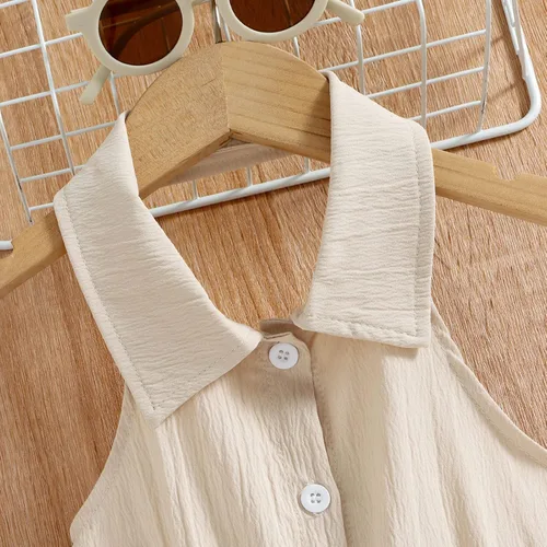 Miniatura 4 de Mameluco de verano sin mangas para niñas pequeñas, mono de lino y algodón sólido con cinturón, para madres y niñas (beige, 12-18 meses)