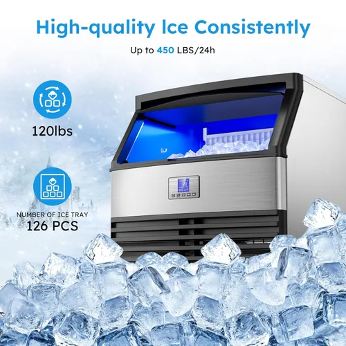 Miniatura 2 de Máquina comercial para hacer hielo de 450 libras/24 horas, máquina de hielo debajo del mostrador, compresor mejorado de 120 libras, contenedor