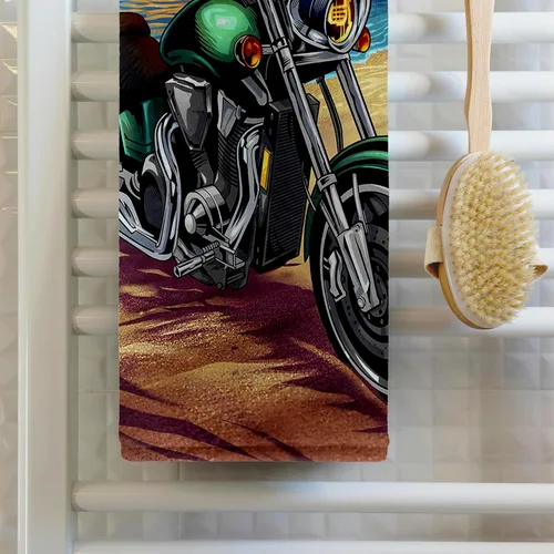 Miniatura 2 de 3dRose - Luz, Playa, Motocicleta, Ilustración - Motocicleta estacionada en la playa al atardecer - Toallas (twl-252453-2)