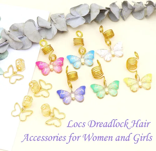 Miniatura 3 de 20 piezas de joyería para el cabello para trenzas, colgante de mariposa dorada, accesorios Dreaklock, tubo Loc, accesorios de trenza de cuentas