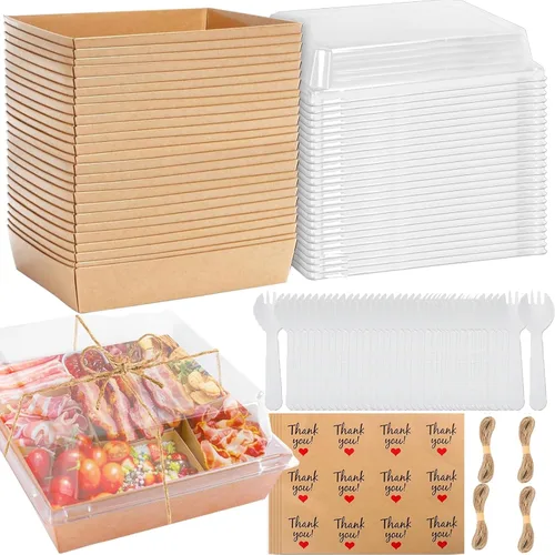 Miniatura 10 de Paquete de 100 cajas pequeñas de charcutería con tapas transparentes de 5 pulgadas cuadradas para llevar, mini caja de charcutería de papel
