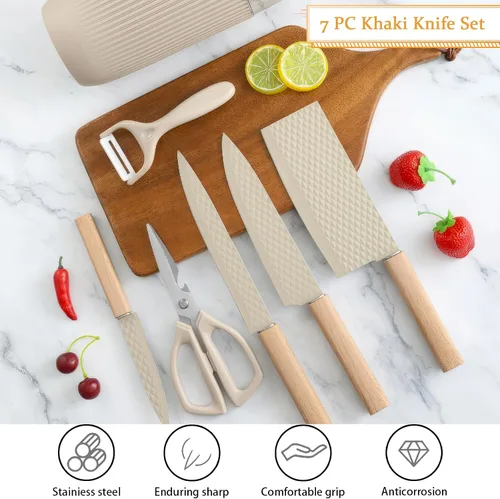 Miniatura 3 de Juego de cuchillos de cocina profesional de 7 piezas con bloque universal de cuchillos, juego de bloques de cuchillos súper afilados con mango Beige