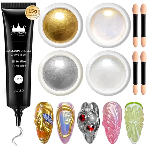 Miniatura 11 de Kit de gel de uñas 3D y polvo de uñas cromado BISHENGYF: 0.53 oz No Wipe Gel de Escultura 3D Aurora Rosa Azul Oro Cromo Polvo de uñas con pegamento