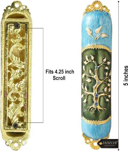 Miniatura 3 de Mezuzah esmaltada pintada a mano adornada con un árbol de la vida diseño con detalles dorados y cristales por Matashi, (MTMZ221)