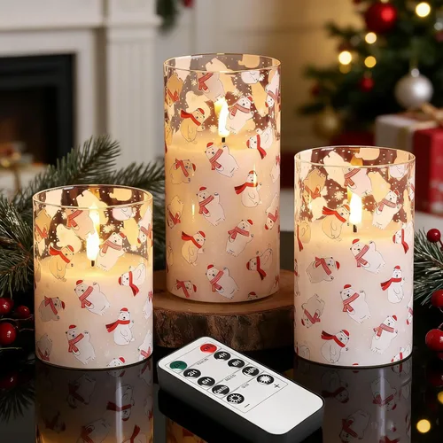 Miniatura 12 de Eywamage Juego de 3 velas LED de cristal verde, con forma de columna gruesa, funcionan con pilas, con control remoto, sin llama, parpadeantes
