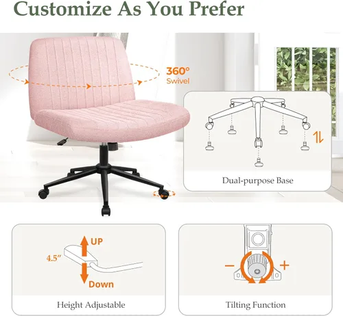 Miniatura 5 de Orange Factory Silla con Ruedas Cruzadas de Patas Cruzadas Anchas para Escritorio de Oficina y Tocador, Base Doble, Tela Cómoda, Sin Brazos, Base