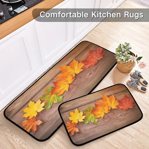 Miniatura 6 de Kitchen Rugs 2 Piece Waterproof Non Slip Kitchen Mat Maple Leaves on Wood Kitchen Rug Set for Sink Office Kitchen Cafe, 19.7"x47.2"+19.7"x27.6