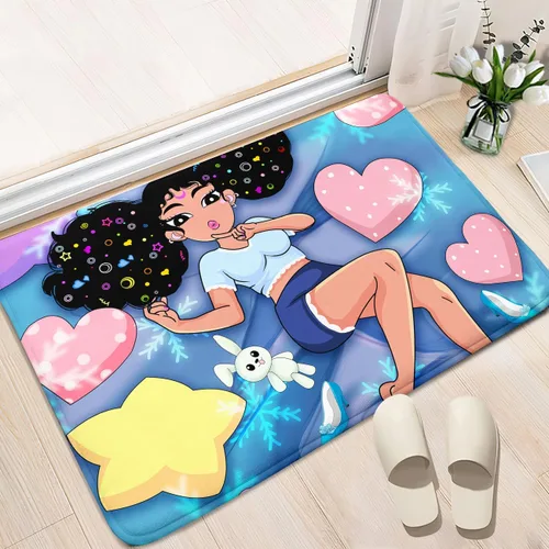 Miniatura 3 de Alfombra de área para dormitorio de niñas negras africanas, alfombra para sala de estar, sala de juegos, azul, lindo anime de dibujos animados