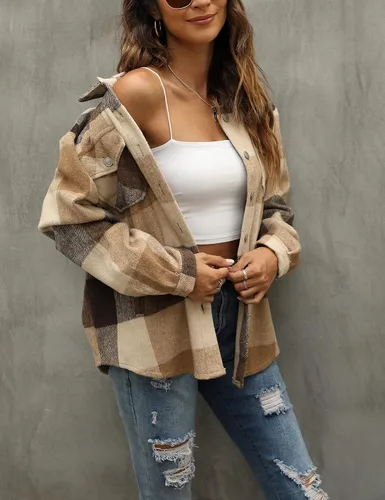 Miniatura 20 de Tanming - Chaquetas de franela cepillada para mujer, a cuadros, con botones, solapas y bolsillos, camisa tipo chaqueta