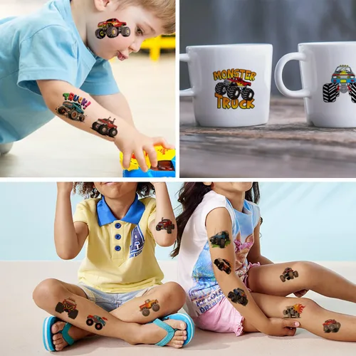 Miniatura 4 de CHARLENT Tatuajes temporales de Monster Truck para niños, suministros de fiesta – 74 hojas individuales de tatuajes de camión monstruo para niños