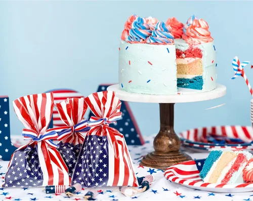 Miniatura 7 de Tenare 100 bolsas patrióticas de celofán de regalo a granel, de plástico, rojo, blanco, azul, bandera estadounidense, bolsas de celofán, bolsas de 4