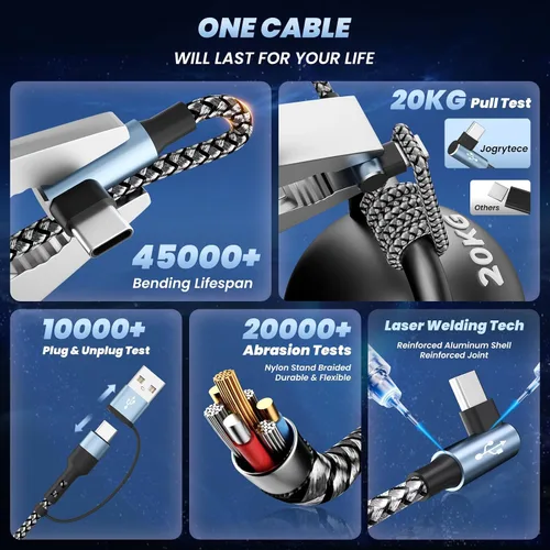 Miniatura 6 de Cargador de teléfono de 90 grados, cable de carga múltiple 4 en 2, cable USB C CarPlay con doble tipo C, micro USB, puerto IP, cable USBC de nailon