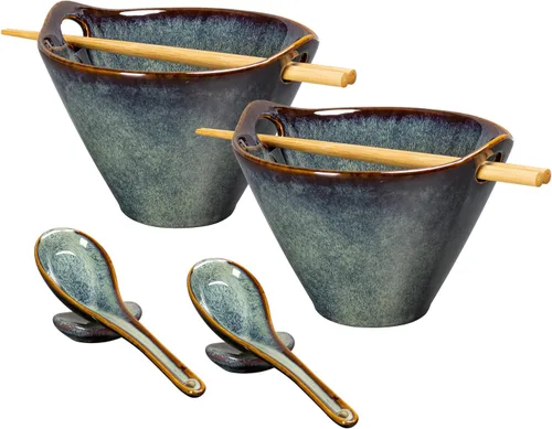 Miniatura 9 de UNICASA Juego de 2 cuencos japoneses para ramen con palillos, cucharas y reposos, 26 onzas, para fideos de porcelana profunda, Udon, Pho, ensalada