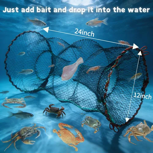 Miniatura 4 de Trampa de peces plegada de 32 x 10 pulgadas y trampa para cangrejos de 24 x 12 pulgadas, trampa plegable de 10 agujeros y 10 lados con trampa