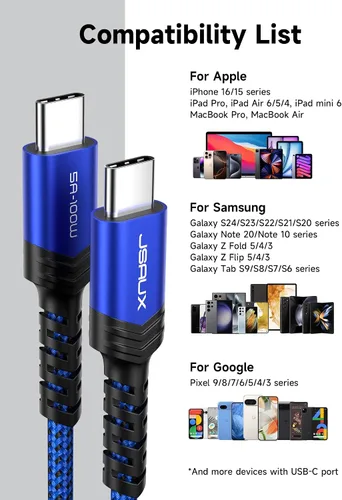 Miniatura 4 de JSAUX Paquete de 3 cables USB C a USB C de 100 W [6.6 pies+6.6 pies+6.6 pies] compatible con iPhone 17 Air 16 15 Pro Max Samsung Galaxy S25 S24 Azul